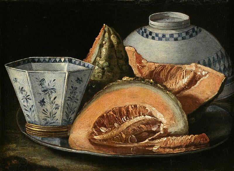 Cristoforo Munari A Still-Life with Melon, an octagonal blue and white cup on a Silver Charger China oil painting art
